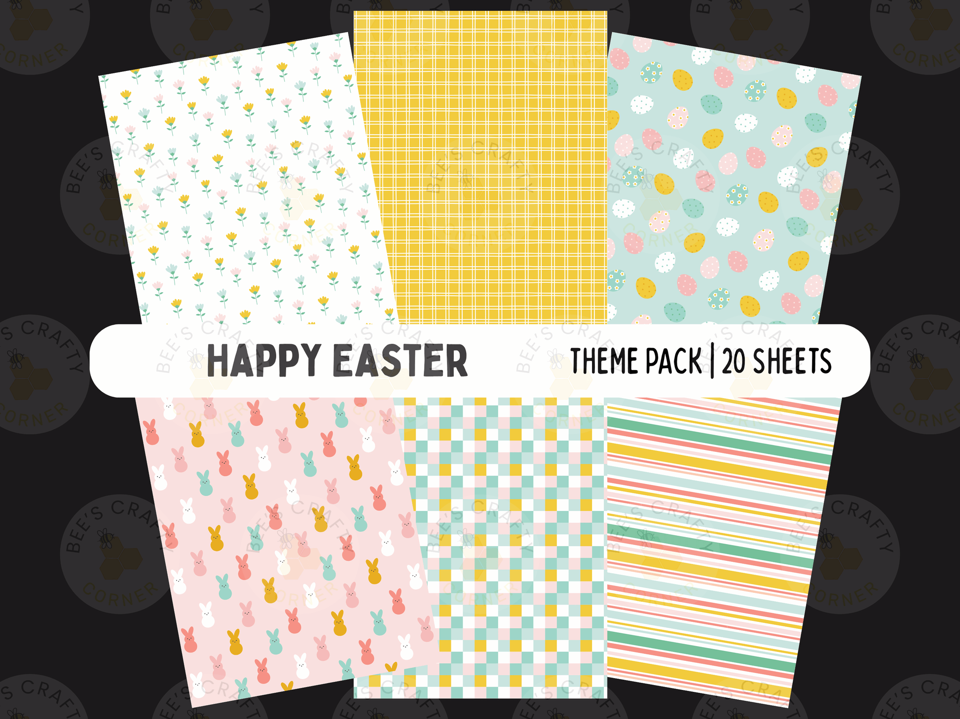 The image is a collection of six different Easter-themed paper backgrounds, each with a unique pattern and color scheme. The text "Happy Easter" is displayed prominently in the center, indicating the theme of the paper backgrounds.