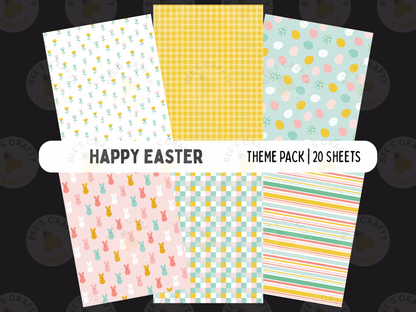 The image is a collection of six different Easter-themed paper backgrounds, each with a unique pattern and color scheme. The text "Happy Easter" is displayed prominently in the center, indicating the theme of the paper backgrounds.