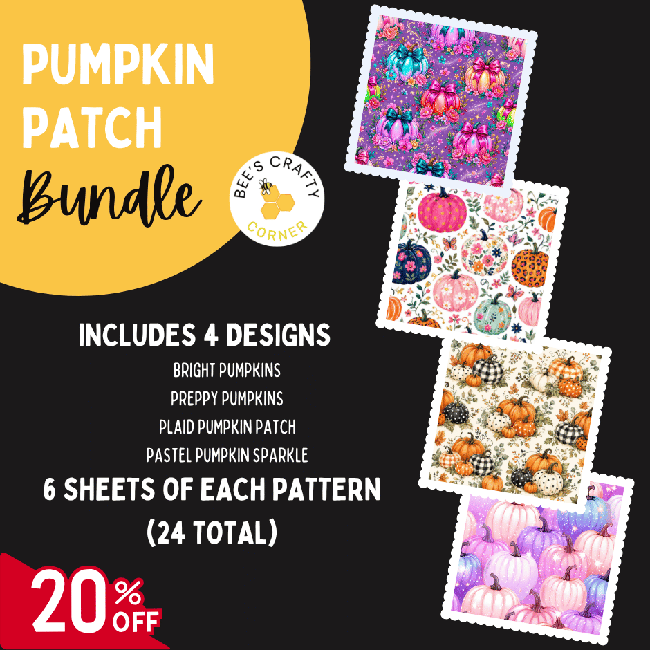 The image is an advertisement for a "Pumpkin Patch Bundle" that includes four designs, such as bright pumpkins, preppy pumpkins, plaid pumpkins, and pastel pumpkins. It also includes six sheets of each pattern, totaling 24 pieces. The bundle is 20% off, as indicated by the 20% off sale text.