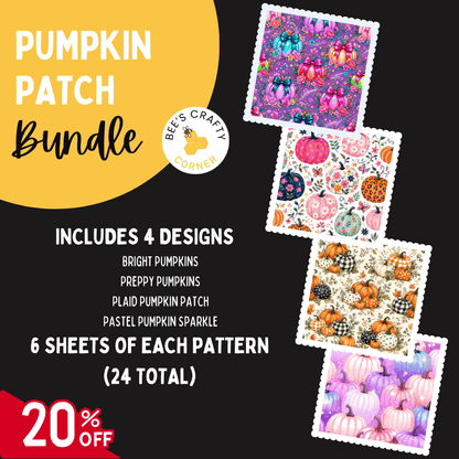 The image is an advertisement for a "Pumpkin Patch Bundle" that includes four designs, such as bright pumpkins, preppy pumpkins, plaid pumpkins, and pastel pumpkins. It also includes six sheets of each pattern, totaling 24 pieces. The bundle is 20% off, as indicated by the 20% off sale text.