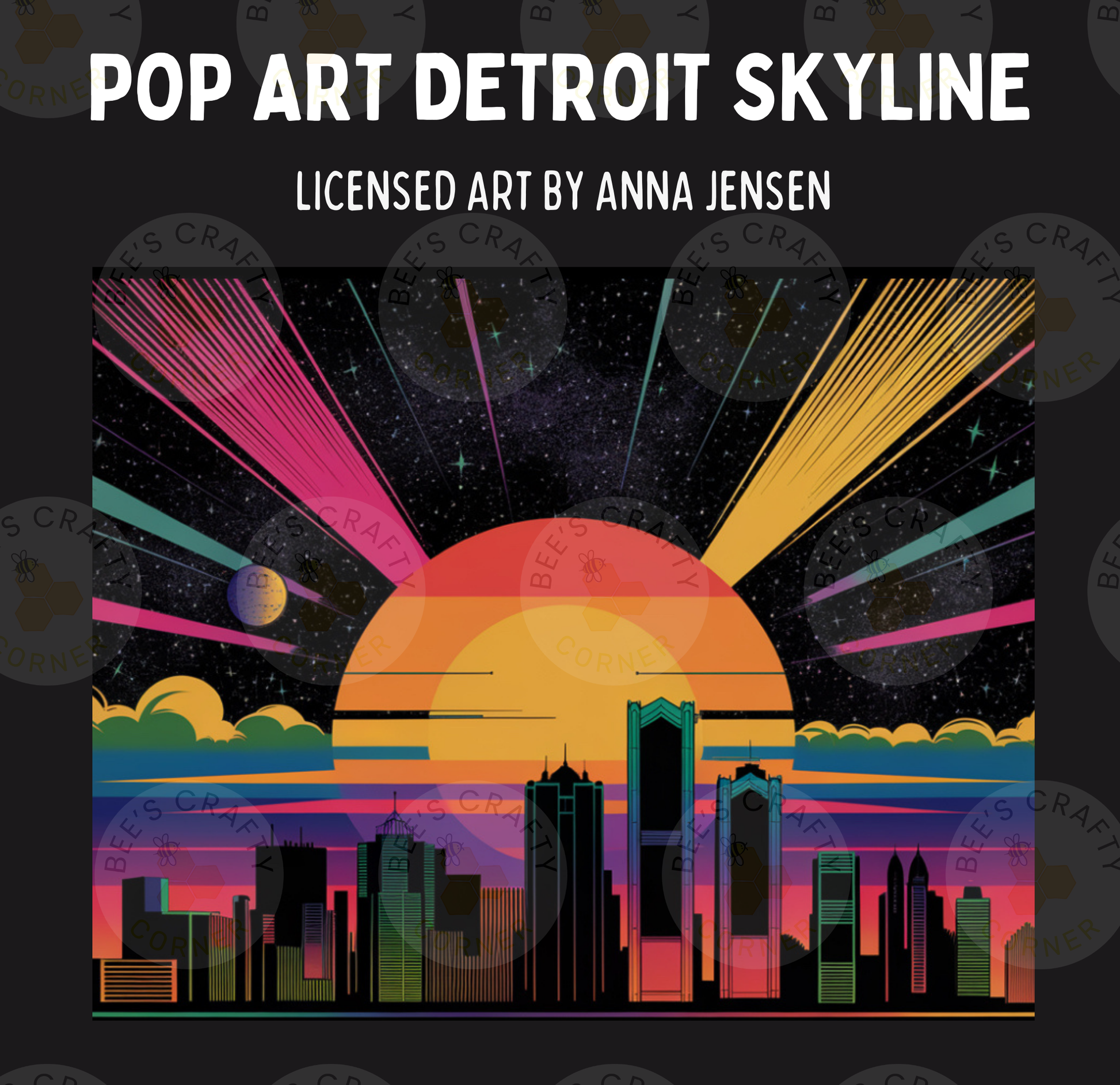 The image is a vibrant and colorful illustration of a city skyline at sunset, featuring a large sun in the center with rays emanating from it. The cityscape is composed of tall buildings and skyscrapers, creating a dynamic and visually striking scene.
