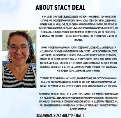 The image is a portrait of a woman with glasses, smiling, and wearing a necklace. The text is a personal narrative about the author's life and experiences, and it is written in a conversational style.