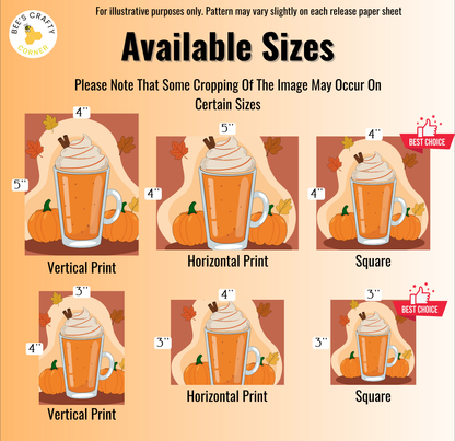 The image is a collection of six different sizes of pumpkin-themed items, including a pumpkin, a pumpkin with whipped cream on top, and a pumpkin with a whipped cream-topped drink.
