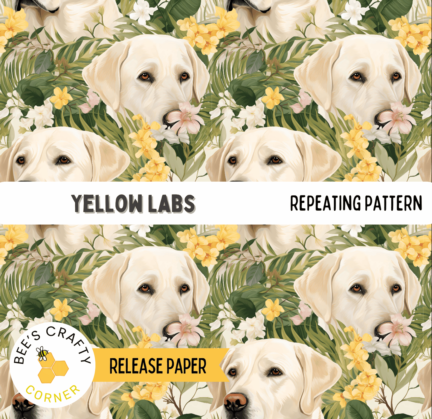 The image is a repeating pattern of yellow Labrador Retrievers surrounded by yellow flowers and green foliage.