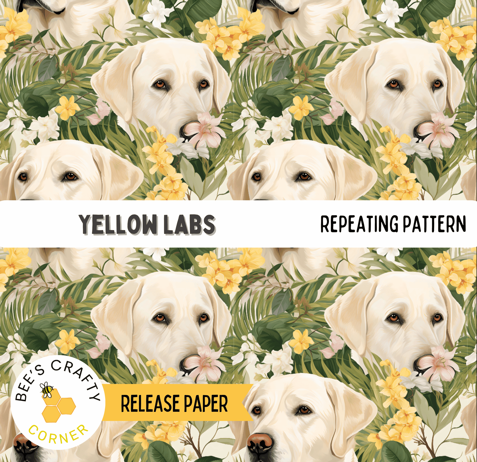 The image is a repeating pattern of yellow Labrador Retrievers surrounded by yellow flowers and green foliage.