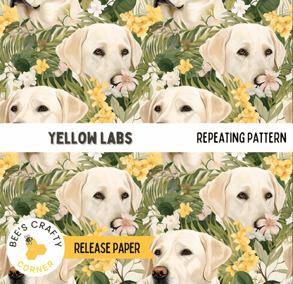 The image is a repeating pattern of yellow Labrador Retrievers surrounded by yellow flowers and green foliage.