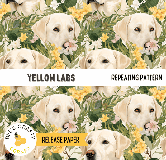 The image is a repeating pattern of yellow Labrador Retrievers surrounded by yellow flowers and green foliage.