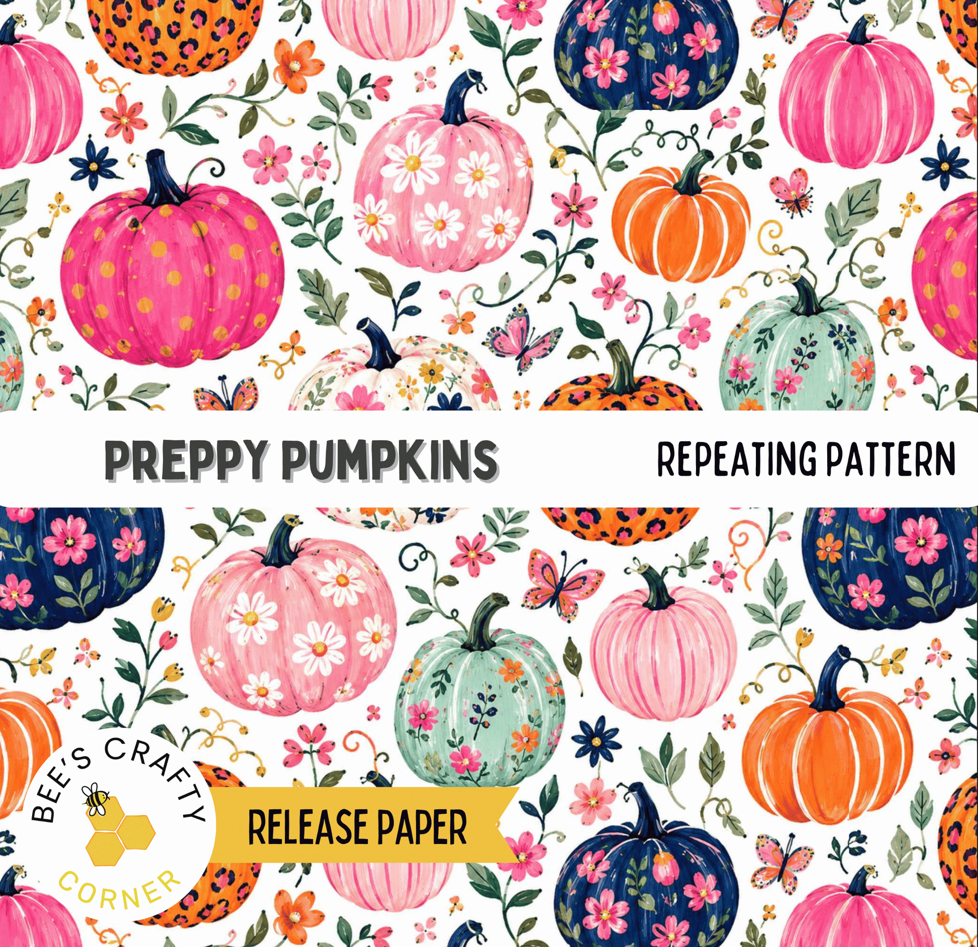 The image is a repeating pattern of various colorful pumpkins and flowers, including leopard print pumpkins, orange pumpkins, and pink pumpkins, all set against a white background.