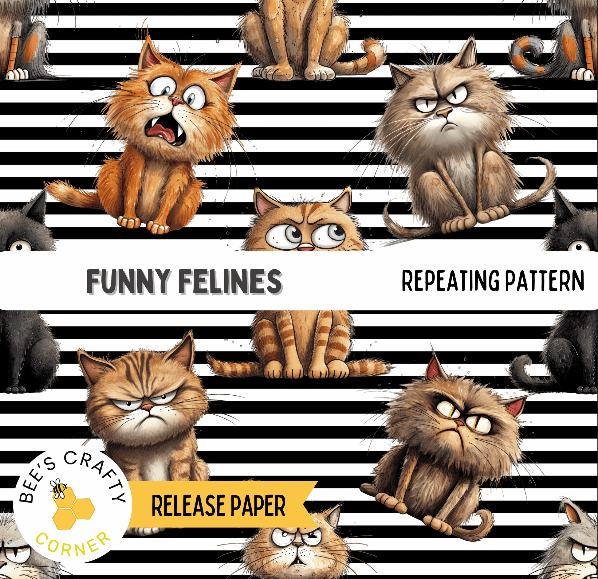 The image is a repeating pattern of various cartoon-style cats with exaggerated facial expressions, such as wide-eyed, scowling, and grumpy expressions.