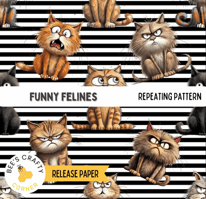 The image is a repeating pattern of various cartoon-style cats with exaggerated facial expressions, such as wide-eyed, scowling, and grumpy expressions.