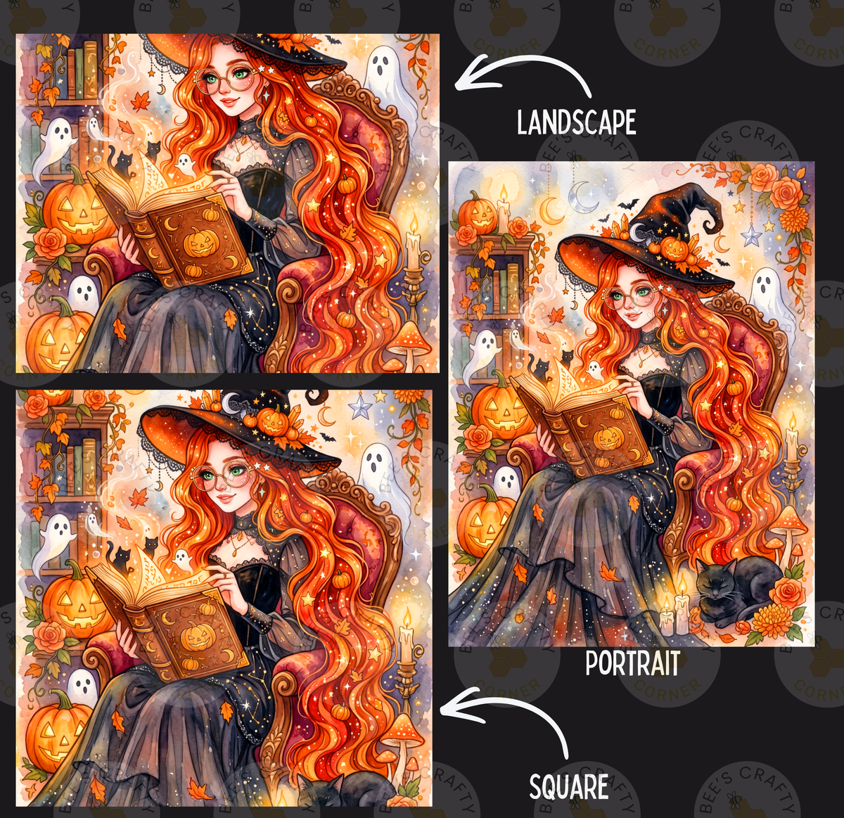 The image is a collage of three pictures depicting a woman with long, red hair wearing a witch's hat and reading a book. The collage is labeled as a landscape, portrait, and square, and the image is described as having "less than 500 characters" and "redundancy and vague wording".