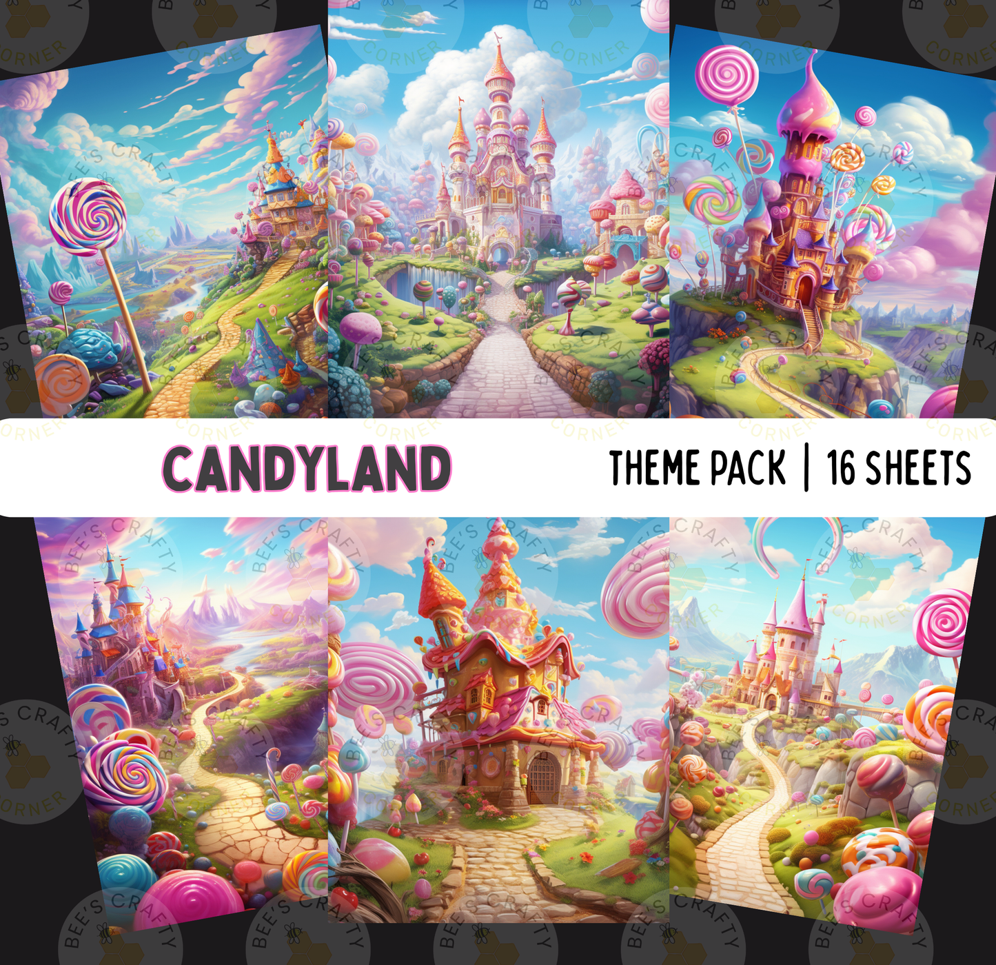The image is a collage of six colorful and whimsical images depicting a fantastical candyland scene with castle-like structures, candy trees, and candy animals.