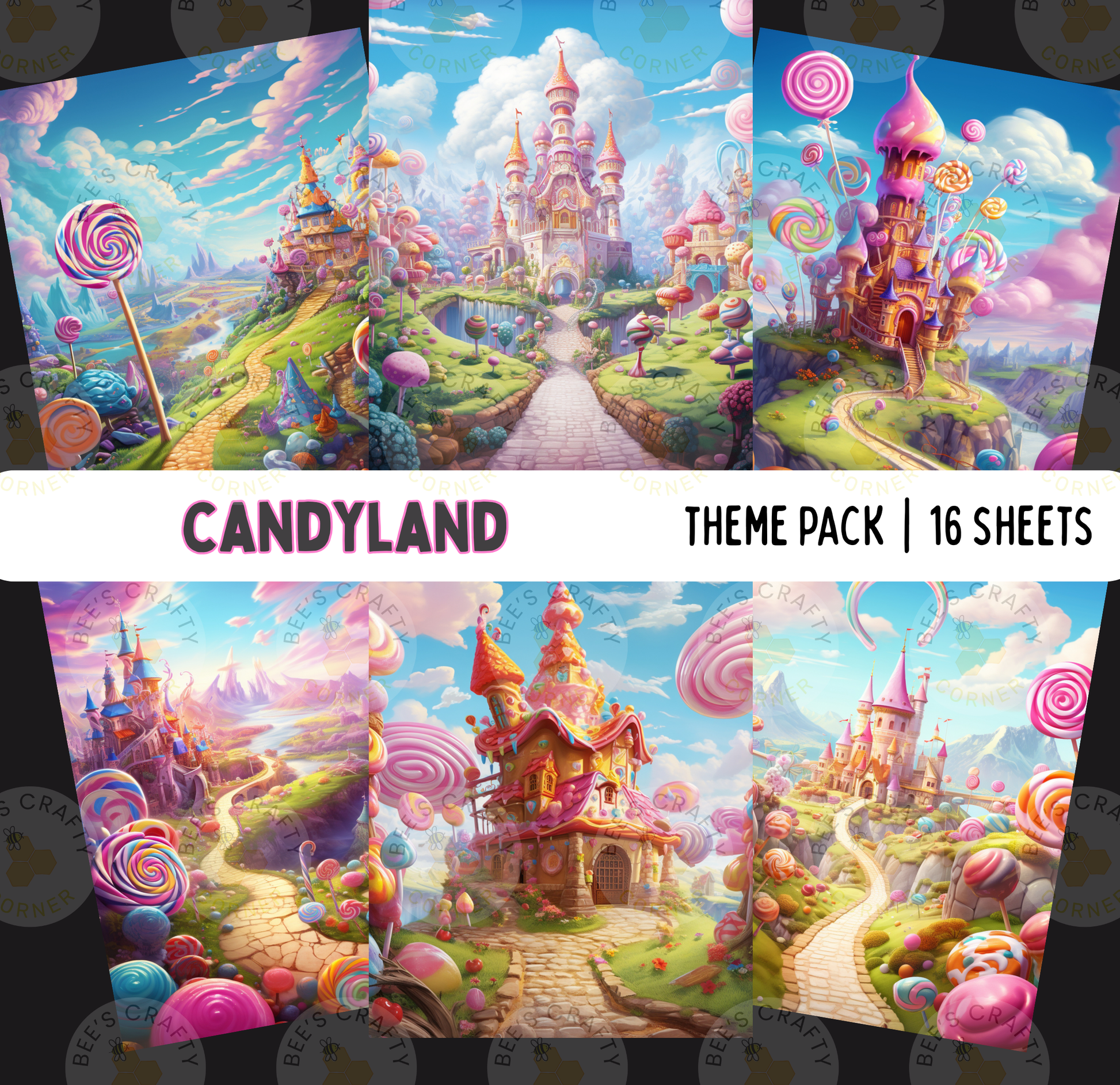 The image is a collage of six colorful and whimsical images depicting a fantastical candyland scene with castle-like structures, candy trees, and candy animals.