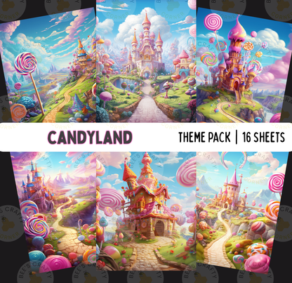 The image is a collage of six colorful and whimsical images depicting a fantastical candyland scene with castle-like structures, candy trees, and candy animals.