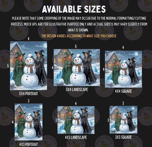 a collage of six different sizes of winter scenes, including a snowman, a woman in a green dress, and a snowy village. The sizes range from 5x4 to 5x3, and the images are arranged in a grid format.