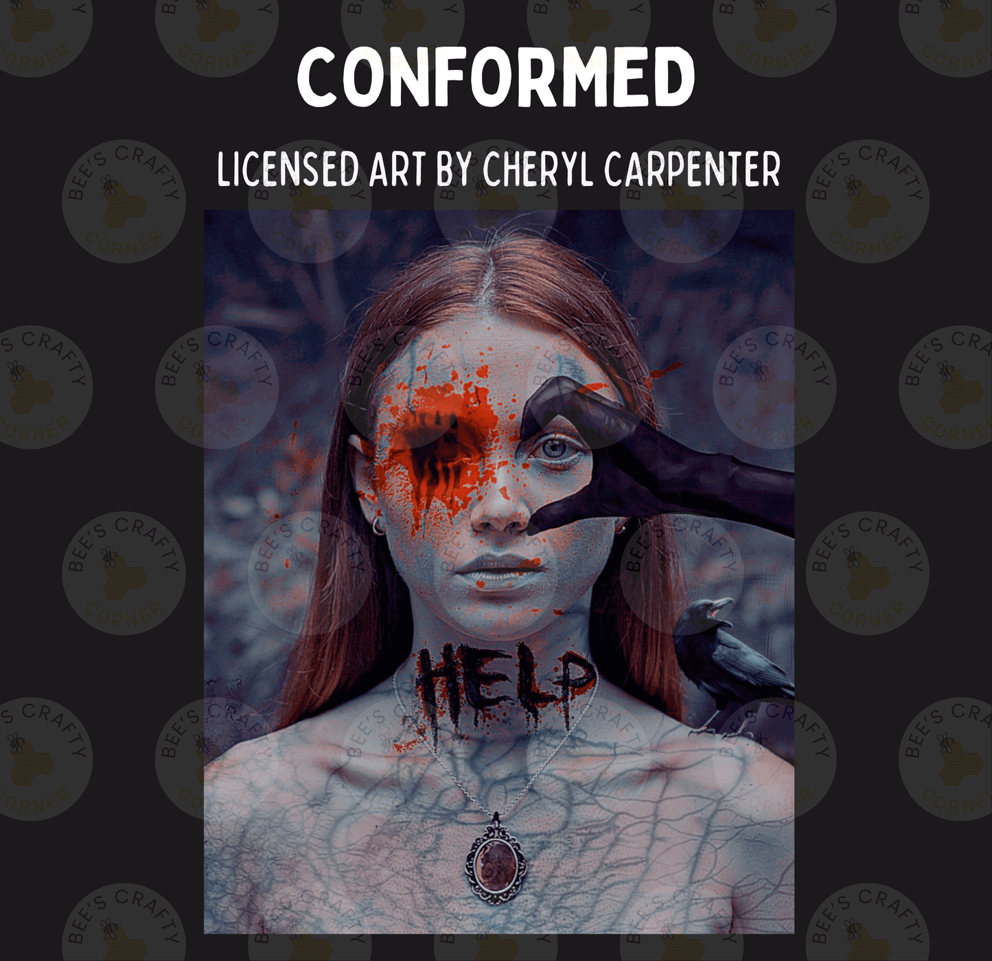 The image is a collage of multiple images, featuring a woman with a bloodied face and the word "HELP" written on her neck.