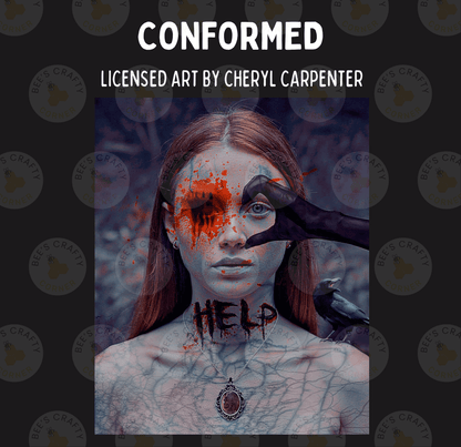 The image is a collage of multiple images, featuring a woman with a bloodied face and the word "HELP" written on her neck.