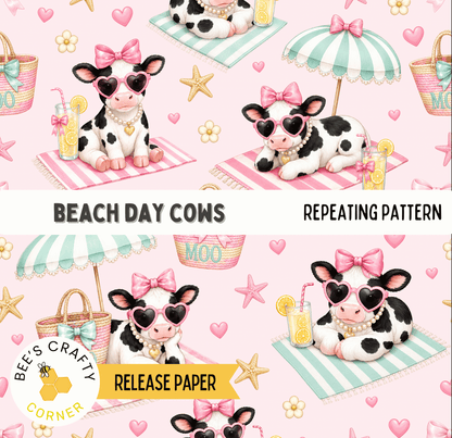 The image is a repeating pattern of cartoon cows wearing sunglasses and sitting on beach towels, with umbrellas, flowers, and starfish in the background.