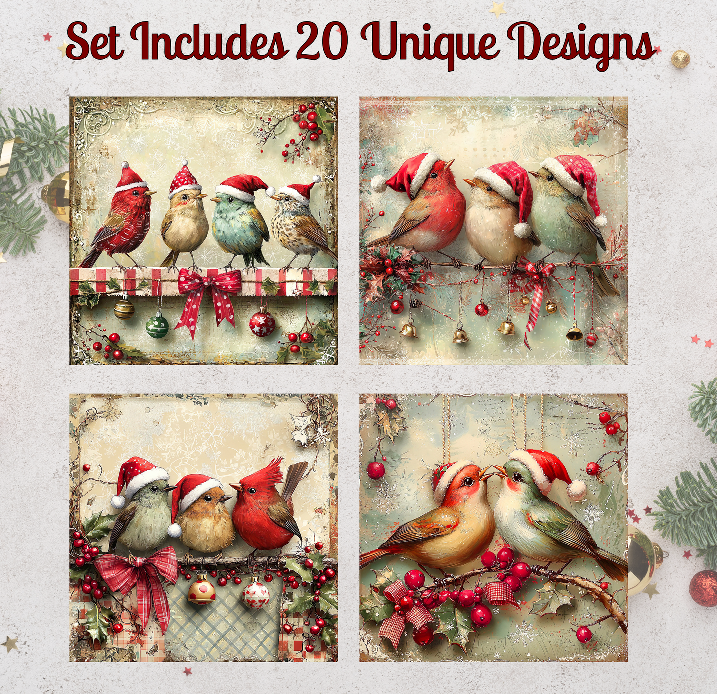 a set of four Christmas-themed illustrations featuring birds wearing Santa hats. The illustrations depict various bird species, including robins, against a festive background with Christmas decorations such as berries, ornaments, and a wreath.