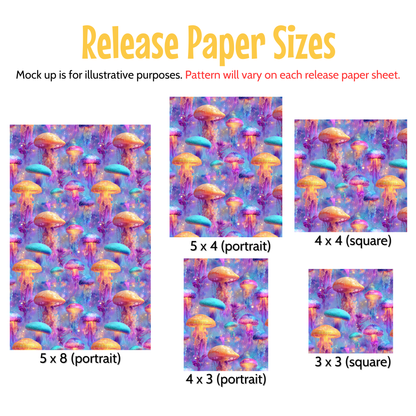 a collection of paper sizes, each featuring a different pattern of colorful jellyfish or mushrooms. The sizes vary from portrait to square, and the patterns are designed to be used as mock-ups for illustrative purposes. The text indicates that the pattern will vary on each release paper sheet, and the sizes are provided in both 5 x B (portrait) and 3 x 3 (square) formats.