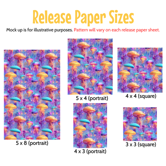 a collection of paper sizes, each featuring a different pattern of colorful jellyfish or mushrooms. The sizes vary from portrait to square, and the patterns are designed to be used as mock-ups for illustrative purposes. The text indicates that the pattern will vary on each release paper sheet, and the sizes are provided in both 5 x B (portrait) and 3 x 3 (square) formats.