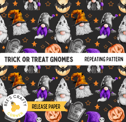 The image is a repeating pattern of Halloween-themed gnomes and pumpkins, including trick or treat gnomes, against a black background with orange and white stars.