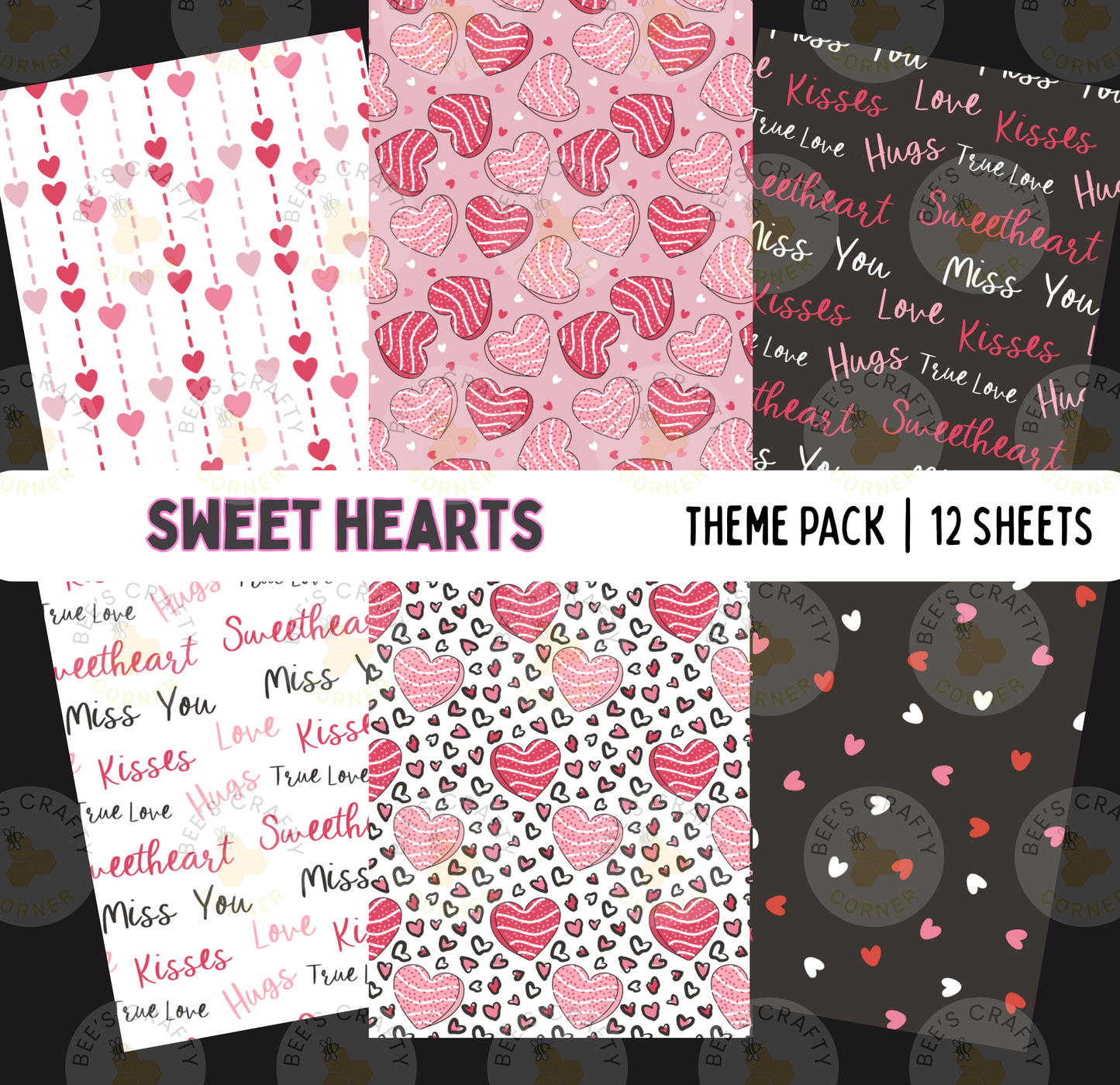 a collection of 12 sheets featuring various patterns and designs related to sweet hearts, such as hearts, kisses, and the word "sweetheart". The sheets display a range of colors and styles, including a repeating pattern of pink hearts and the word "sweetheart" written in pink.