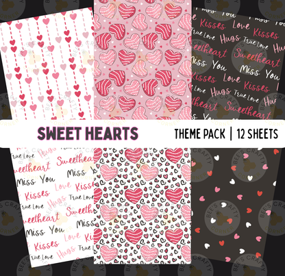 a collection of 12 sheets featuring various patterns and designs related to sweet hearts, such as hearts, kisses, and the word "sweetheart". The sheets display a range of colors and styles, including a repeating pattern of pink hearts and the word "sweetheart" written in pink.