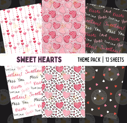 a collection of 12 sheets featuring various patterns and designs related to sweet hearts, such as hearts, kisses, and the word "sweetheart". The sheets display a range of colors and styles, including a repeating pattern of pink hearts and the word "sweetheart" written in pink.