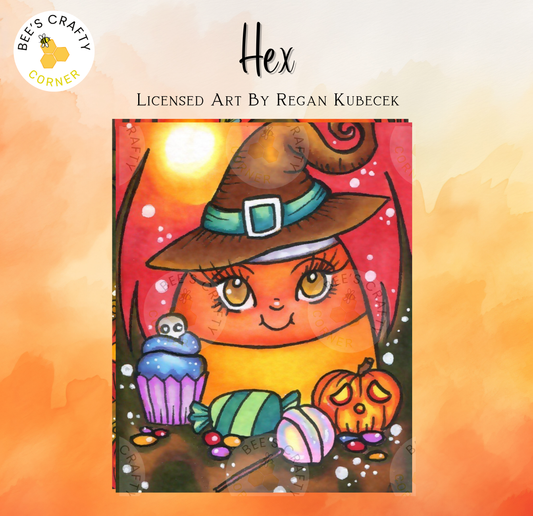 The image is a colorful illustration featuring a cartoon character wearing a witch's hat, surrounded by Halloween-themed objects such as a cupcake, candy, and a pumpkin.