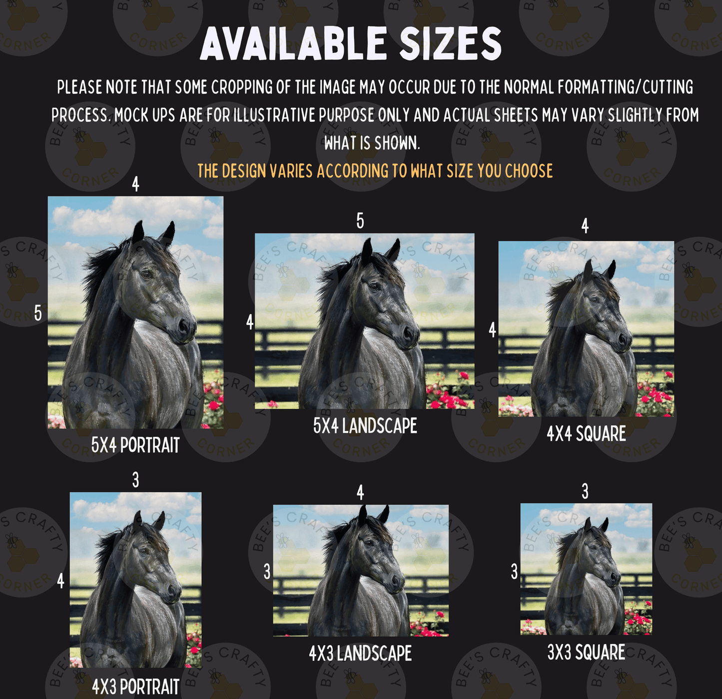 six different sizes of a black horse portrait, with each size represented by a corresponding image. The sizes are labeled from 3x3 to 5x5, and the images vary in their composition and framing.