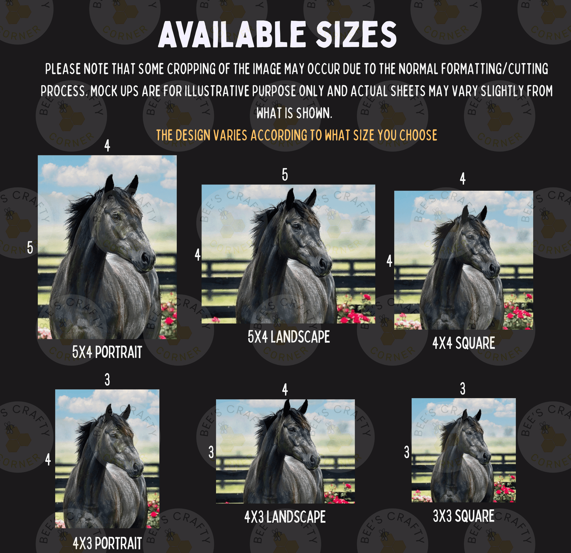six different sizes of a black horse portrait, with each size represented by a corresponding image. The sizes are labeled from 3x3 to 5x5, and the images vary in their composition and framing.