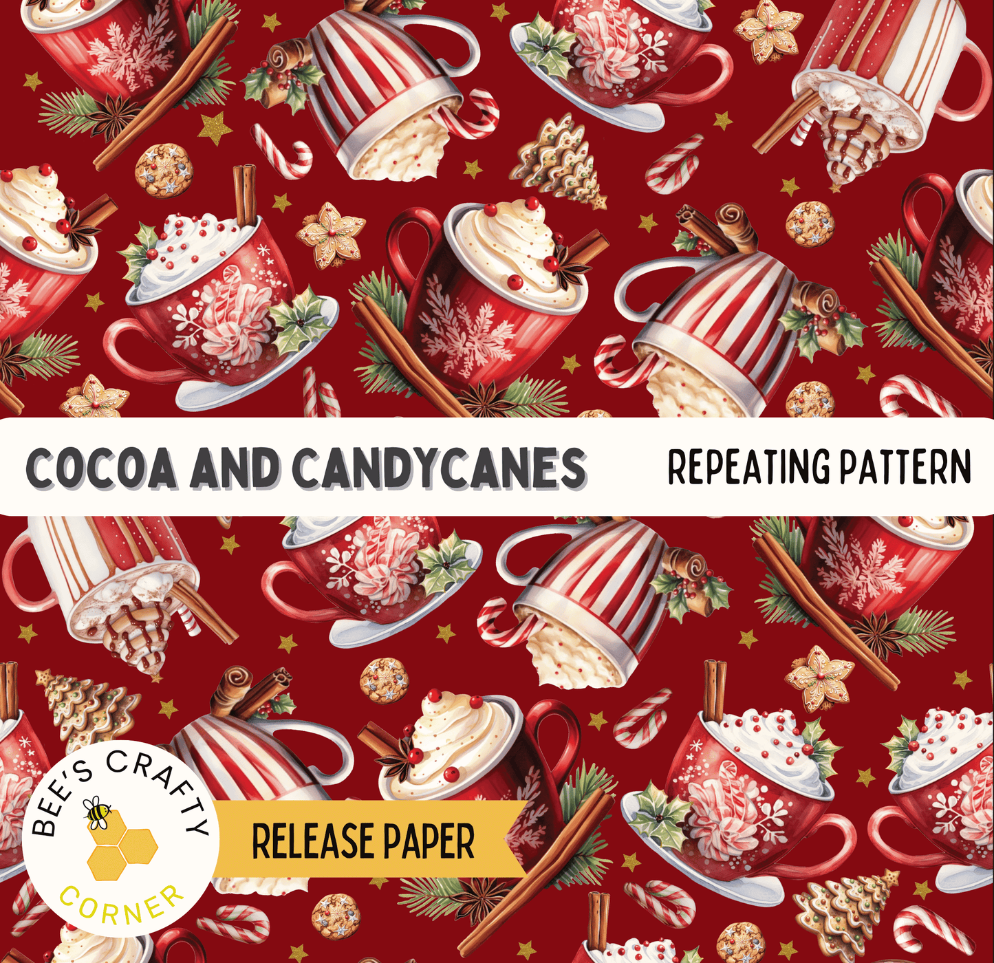 The image is a repeating pattern of red and white mugs filled with hot chocolate and candy canes, along with other festive elements such as pine cones, stars, and snowflakes.