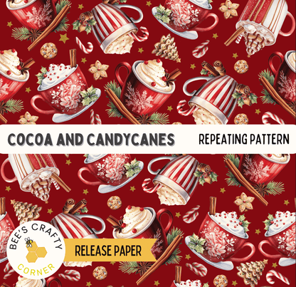 The image is a repeating pattern of red and white mugs filled with hot chocolate and candy canes, along with other festive elements such as pine cones, stars, and snowflakes.