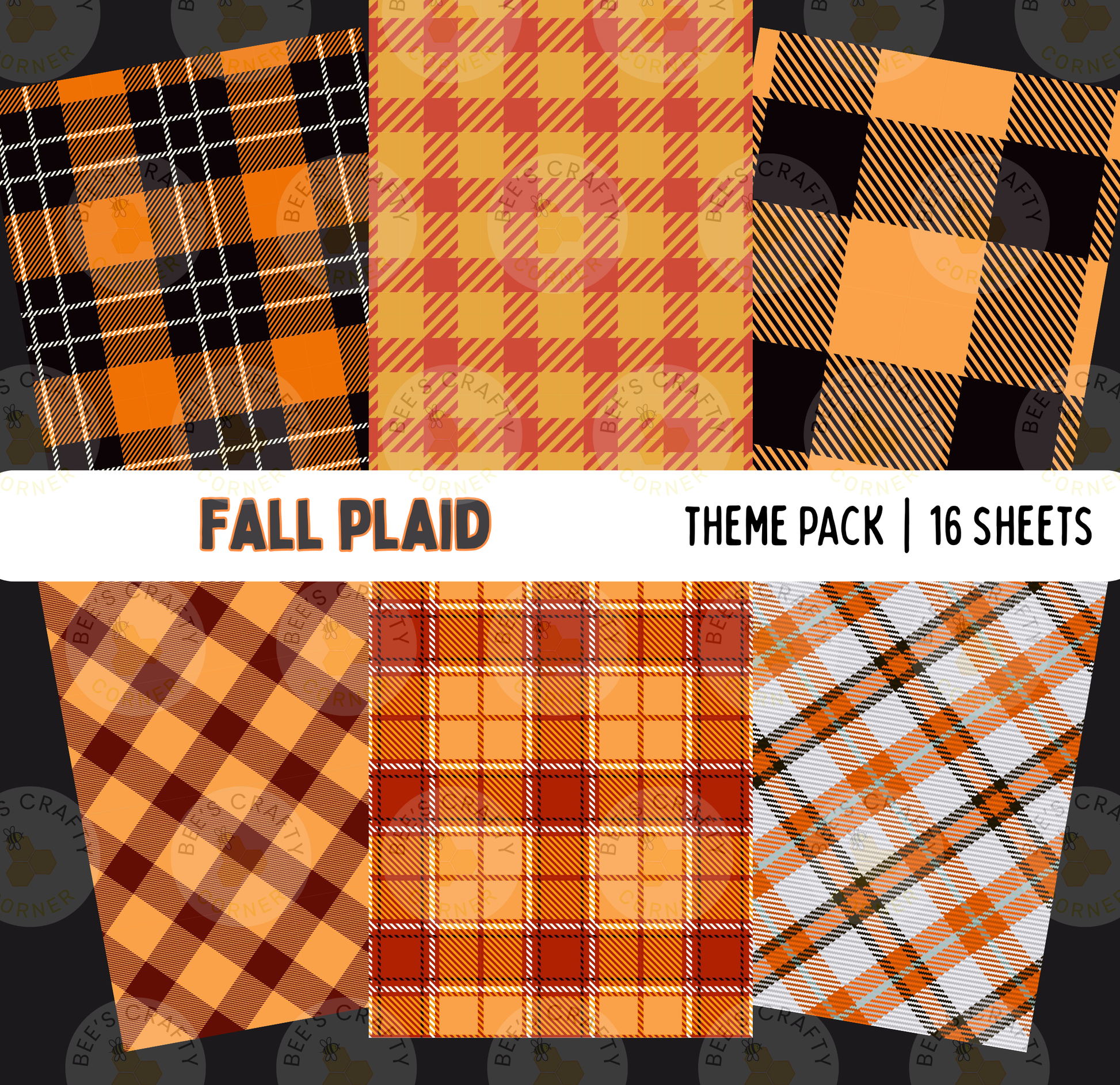 six different plaid patterns, each with a unique color scheme and design. The patterns include a black and orange plaid, a red and orange plaid, a black and orange plaid, a yellow and orange plaid, a black and orange plaid, and a white and orange plaid. The text "FALL PLAD" is displayed above the images, and the phrase "THEME PACK | 16 SHEETS" is shown below the images.