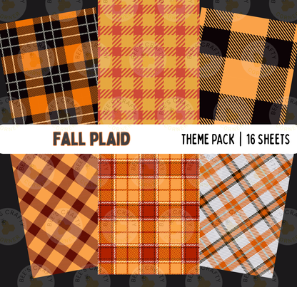 six different plaid patterns, each with a unique color scheme and design. The patterns include a black and orange plaid, a red and orange plaid, a black and orange plaid, a yellow and orange plaid, a black and orange plaid, and a white and orange plaid. The text "FALL PLAD" is displayed above the images, and the phrase "THEME PACK | 16 SHEETS" is shown below the images.