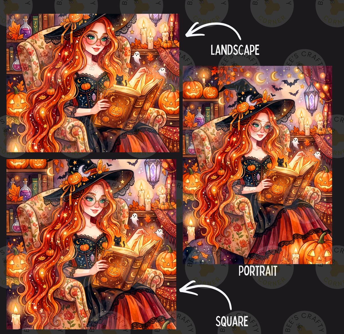 The image is a collage of three pictures depicting a woman with long, red hair wearing a witch's hat and reading a book. The collage includes a landscape, a portrait, and a square image.