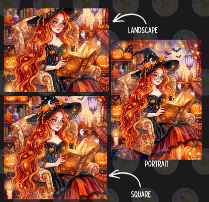 The image is a collage of three pictures depicting a woman with long, red hair wearing a witch's hat and reading a book. The collage includes a landscape, a portrait, and a square image.