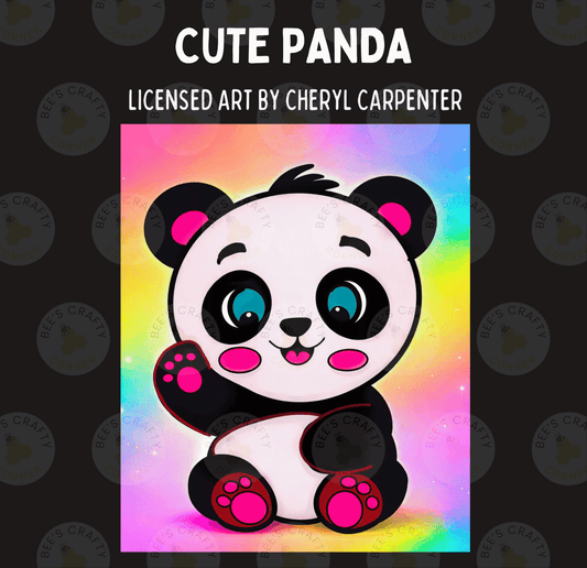 The image is a colorful illustration of a panda bear with a happy expression, featuring a rainbow background.
