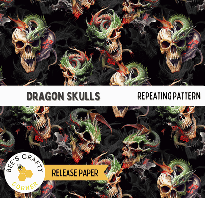 The image is a repeating pattern of dragon skulls and green dragons against a dark background.