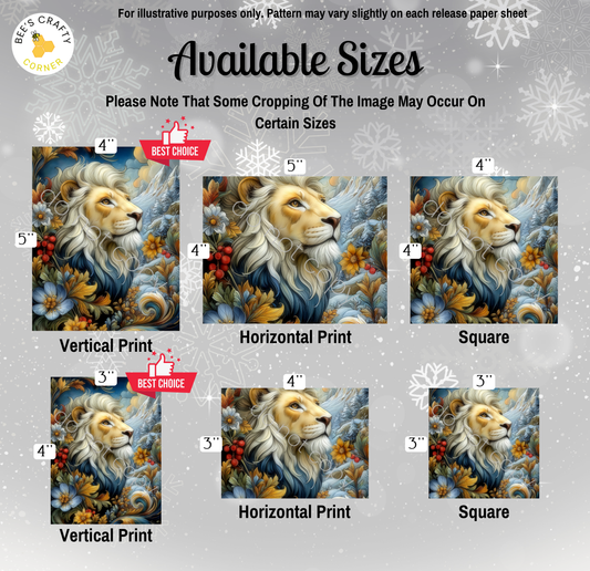 The image is a collection of six different sizes of lion paintings, each with a unique style and color scheme. The sizes range from 4" to 5" in width, and the colors vary from blue to orange and yellow. The sizes are labeled as "Vertical Print", "Horizontal Print", " Square", "Vertical Print", and "Horizontal Print". The text indicates that some cropping of the image may occur on certain sizes, and the release paper sheet may vary slightly.