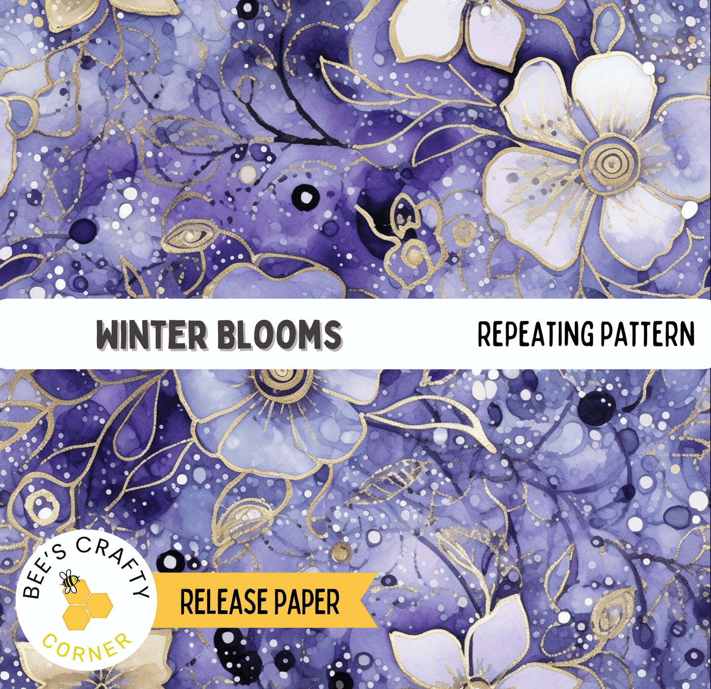 The image is a repeating pattern of purple flowers with gold accents, creating a visually striking and intricate design.