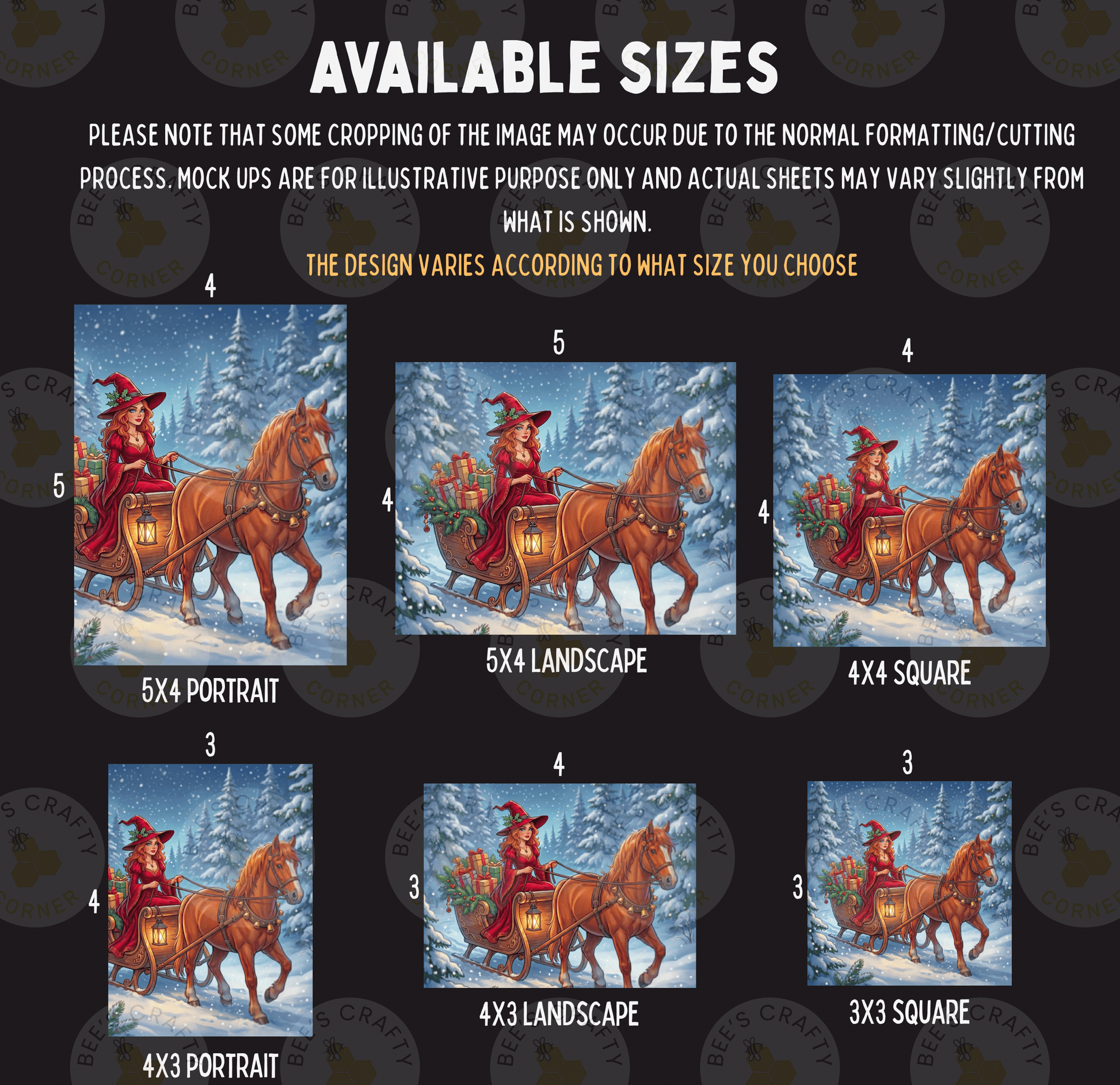 The image is a collage of six different sizes of Christmas-themed paintings, depicting Santa Claus riding a sleigh pulled by horses through a snowy landscape.