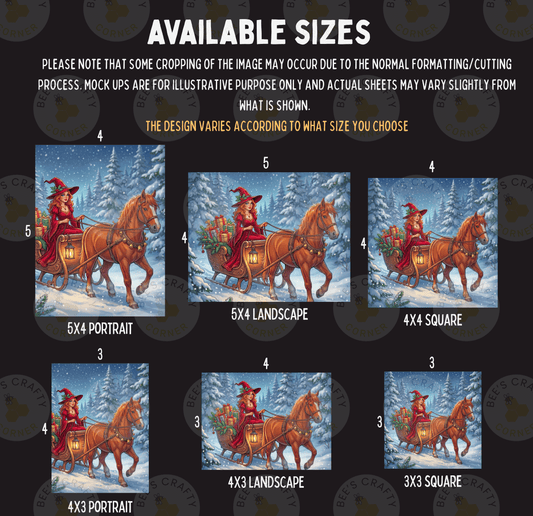 The image is a collage of six different sizes of Christmas-themed paintings, depicting Santa Claus riding a sleigh pulled by horses through a snowy landscape.