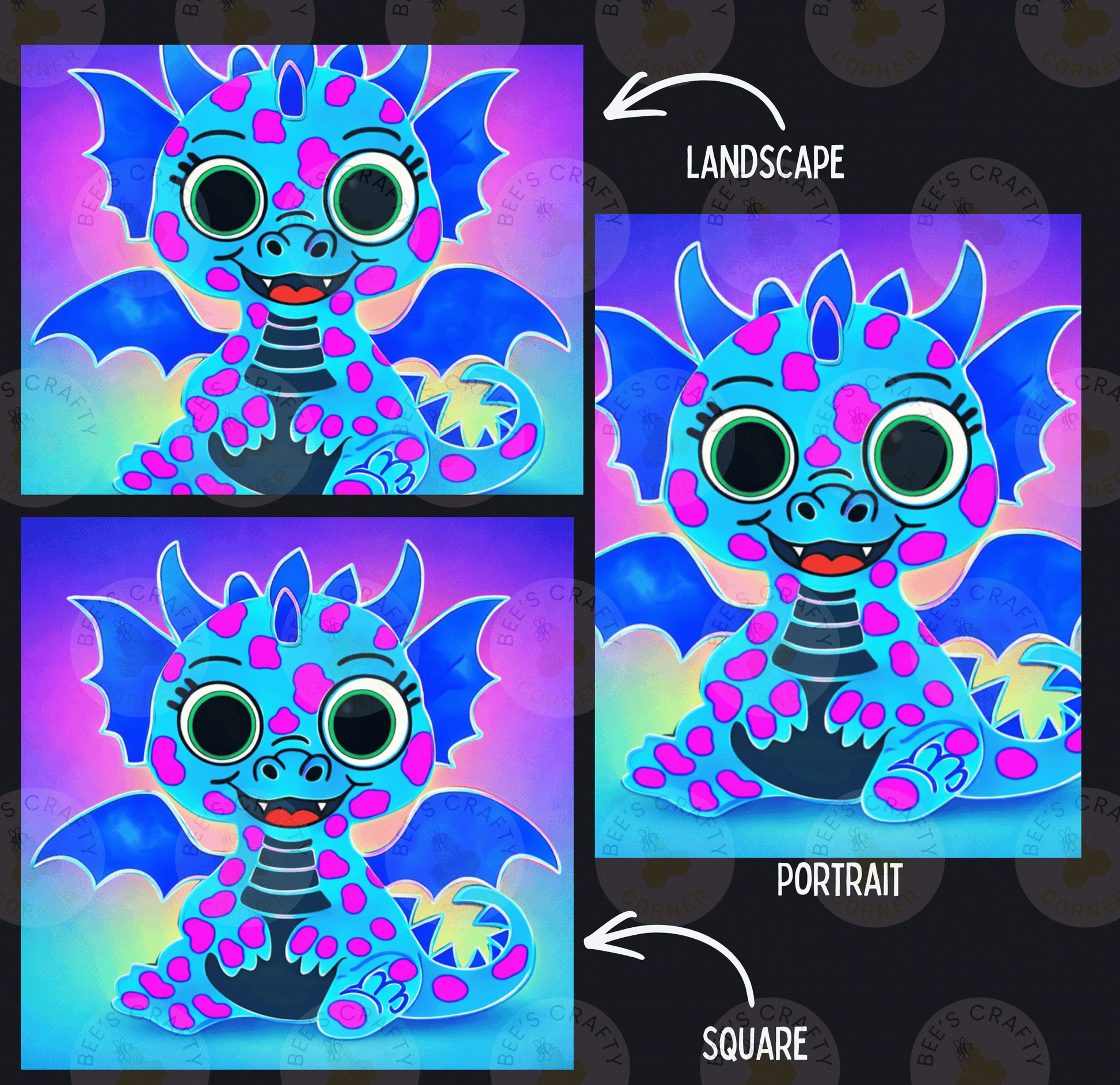 The image is a collage of three pictures depicting a blue dragon with large eyes and pink spots. The first image shows the dragon sitting on a purple background, the second image shows the dragon in a landscape setting, and the third image shows the dragon in a portrait setting.