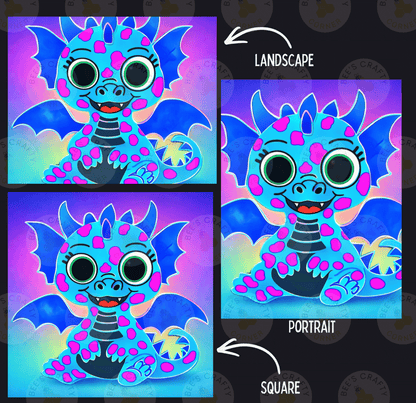 The image is a collage of three pictures depicting a blue dragon with large eyes and pink spots. The first image shows the dragon sitting on a purple background, the second image shows the dragon in a landscape setting, and the third image shows the dragon in a portrait setting.
