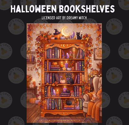 The image is a Halloween-themed illustration depicting a bookshelf filled with books, pumpkins, and other spooky decorations, creating a cozy and festive atmosphere.