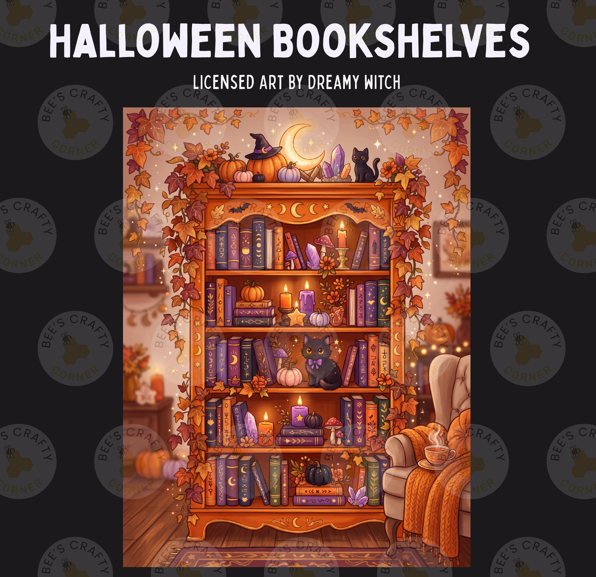 The image is a Halloween-themed illustration depicting a bookshelf filled with books, pumpkins, and other spooky decorations, creating a cozy and festive atmosphere.