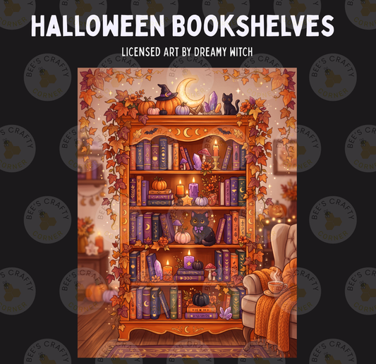 The image is a Halloween-themed illustration depicting a bookshelf filled with books, pumpkins, and other spooky decorations, creating a cozy and festive atmosphere.