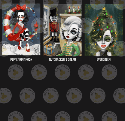 The image is a collage of three distinct illustrations, each depicting a different character or scene. The first illustration shows a woman with a red dress and a bow, the second illustration depicts a nutcracker, and the third illustration features a woman with green hair and a Christmas tree.